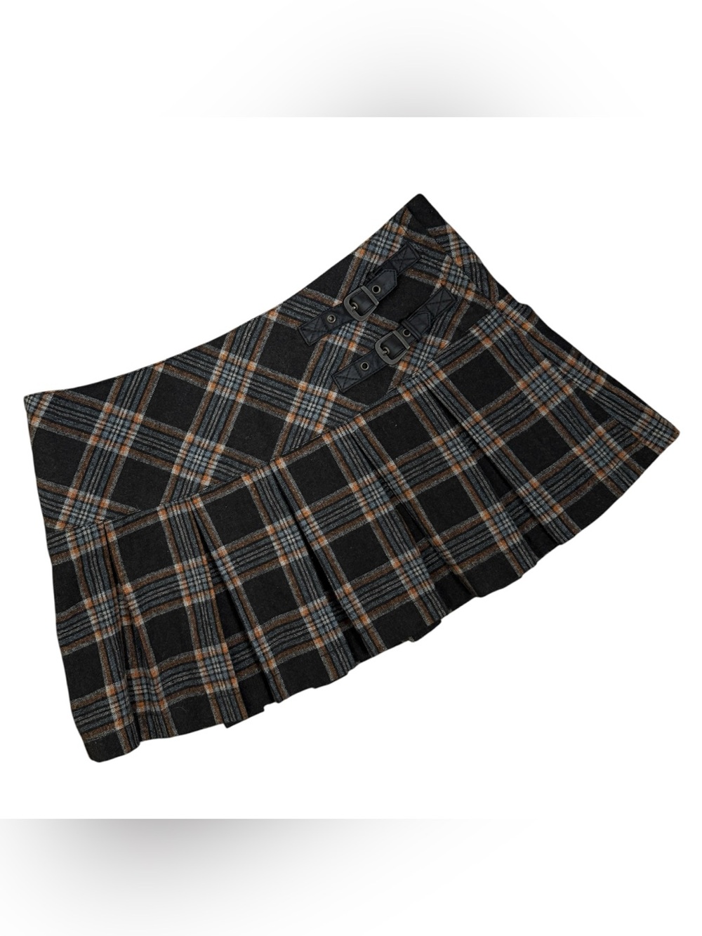 Pimkie Wool Plaid Pleated Mini Skirt w Buckles